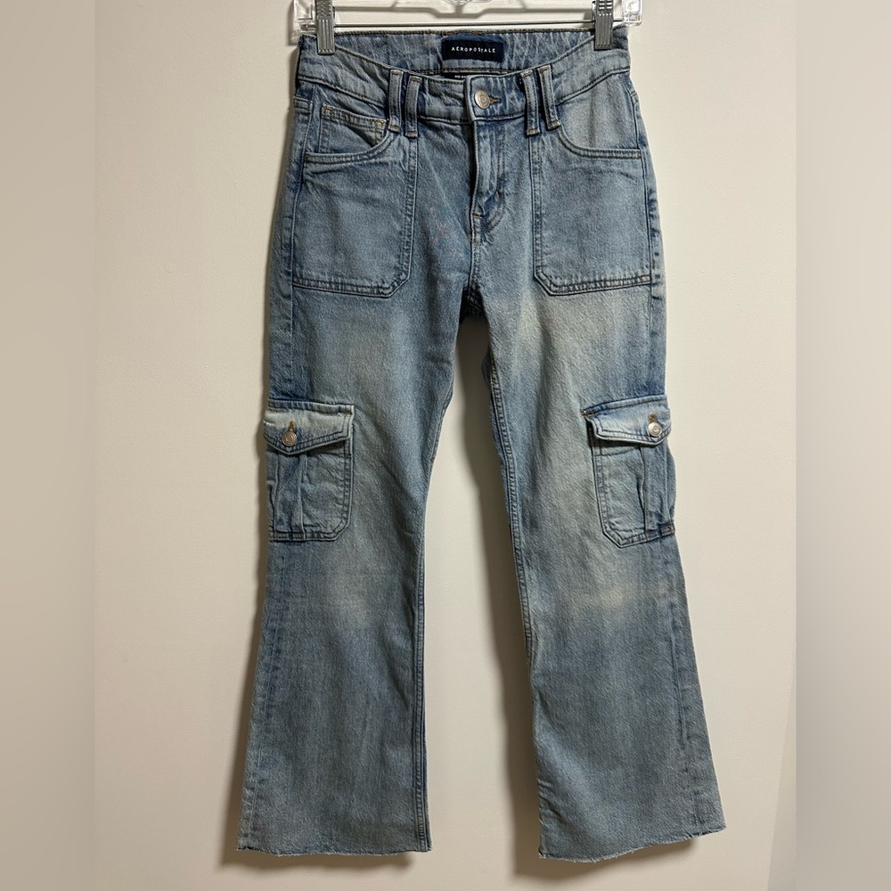 Aeropostale Light Blue Mid Rise Flare Cargo Jeans